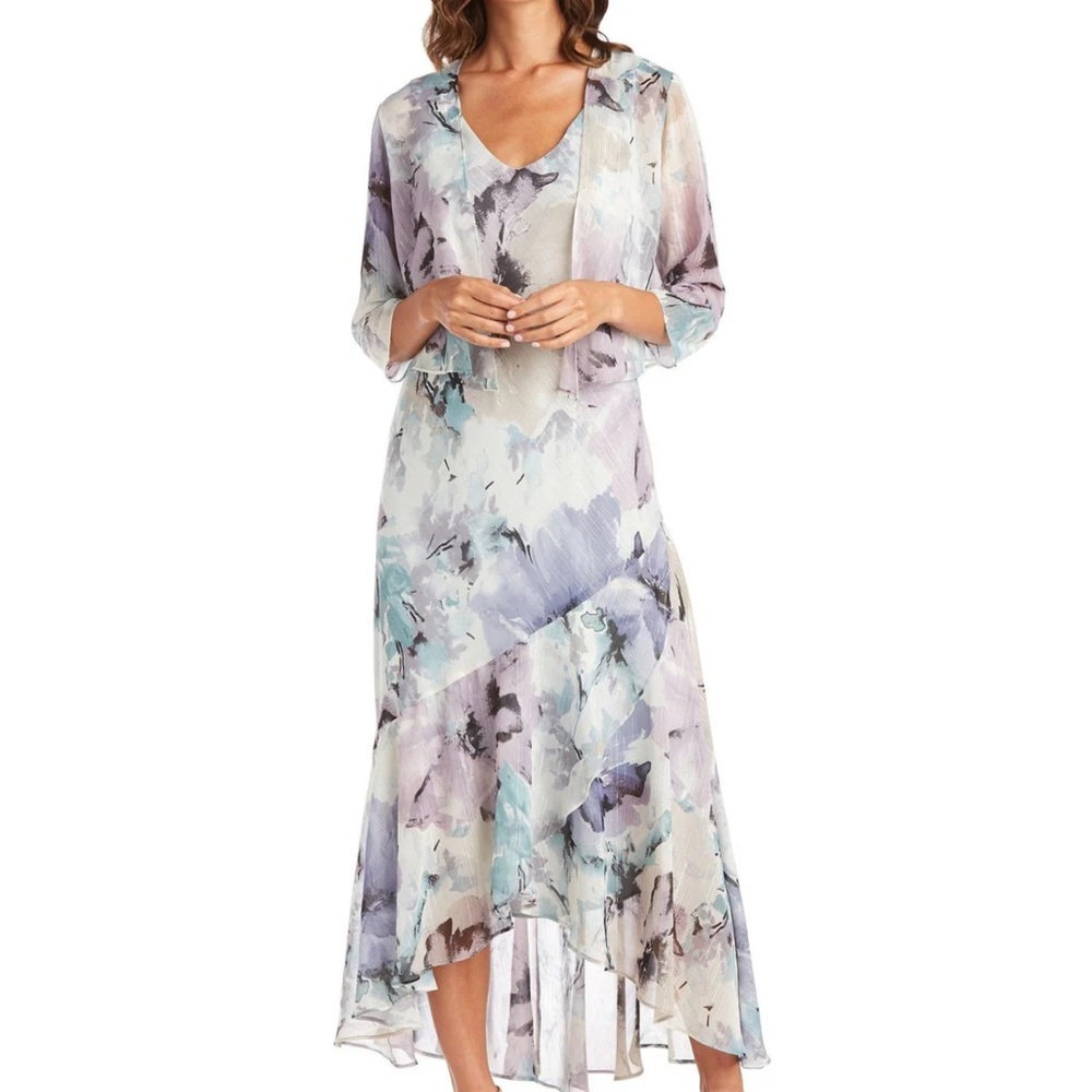R&M Richards Floral High Low Dress With Jacket - Blue and Purple